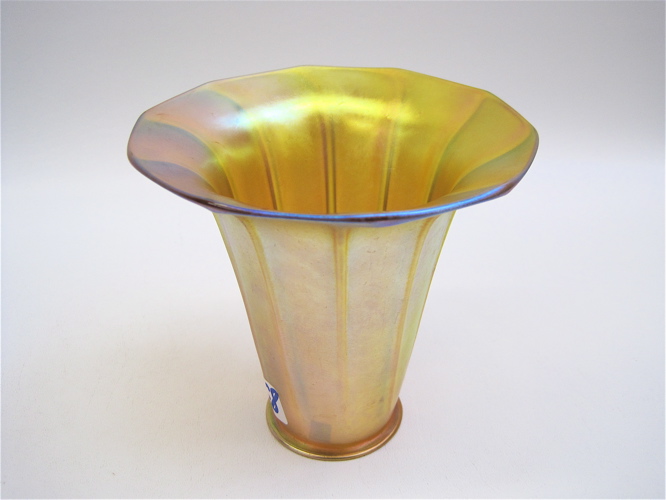 Appraisal: QUEZAL ART GLASS LAMP SHADE The ribbed gold iridescent shade