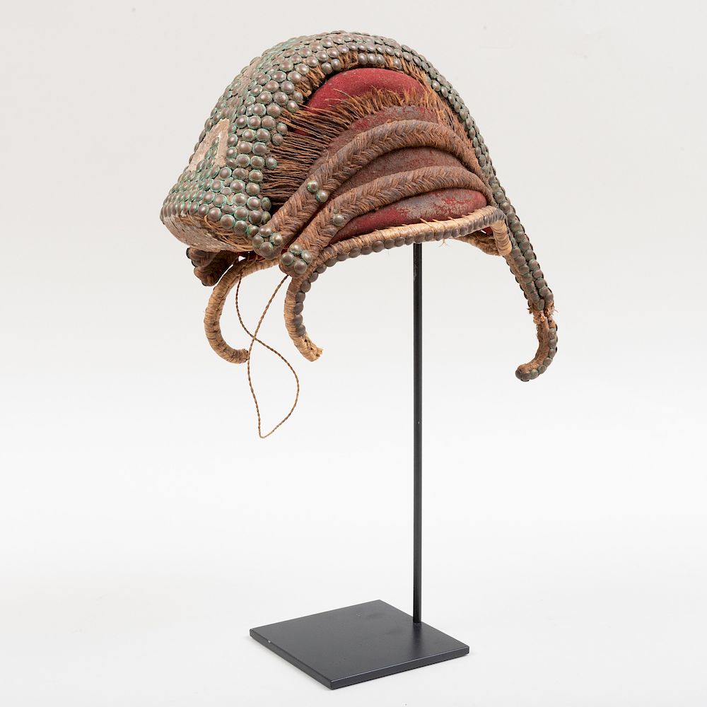 Appraisal: West African Cloth and Woven Fiber Cap with Brass Studs