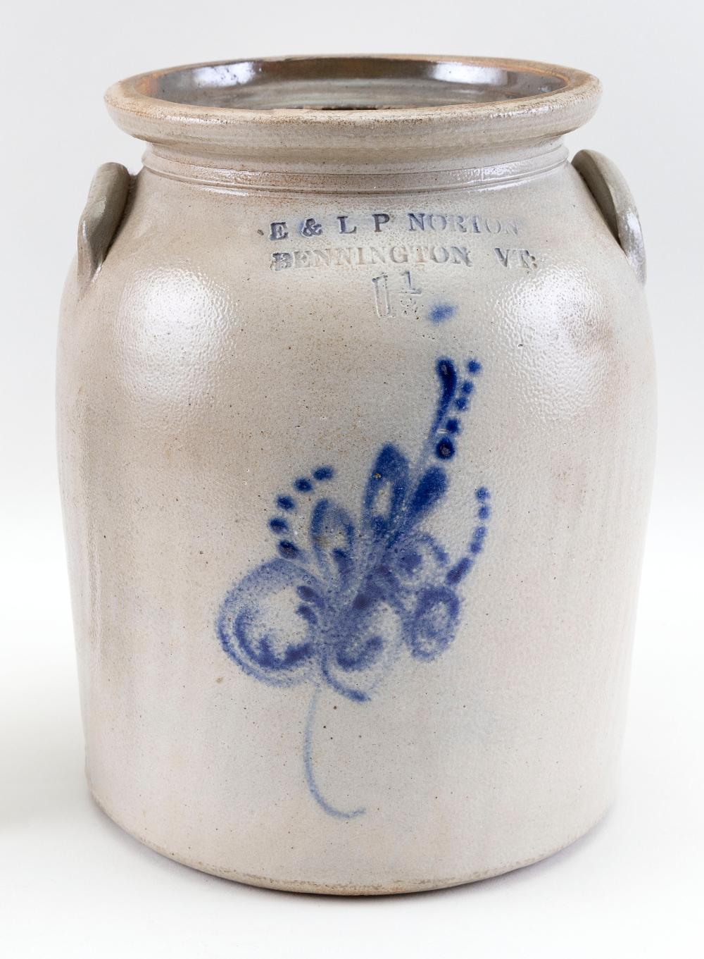 Appraisal: E L P NORTON ONE-AND-A-HALF GALLON STONEWARE CROCK BENNINGTON VERMONT