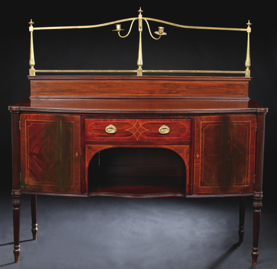 Appraisal: Sheraton-Style Gilt-Brass-Mounted Banded Mahogany Sideboard ca the paneled backpiece with