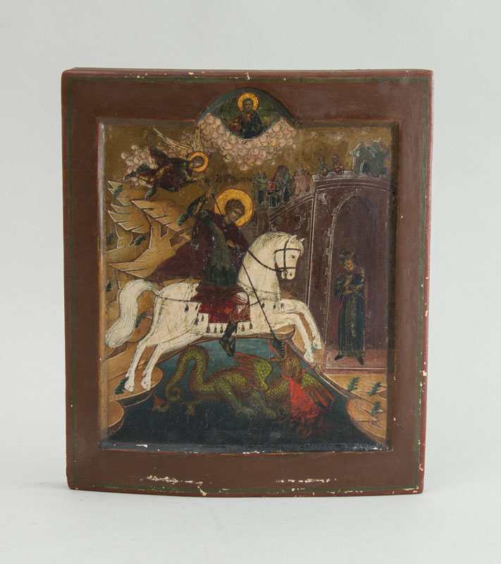 Appraisal: RUSSIAN ICON OF ST GEORGE AND THE DRAGON Oil on