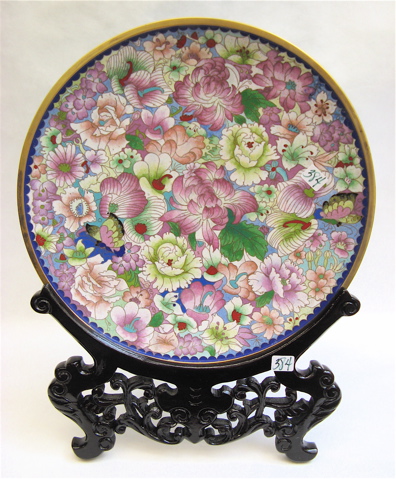 Appraisal: CHINESE CLOISONNE CHARGER colorful flowers and butterflies on blue ground