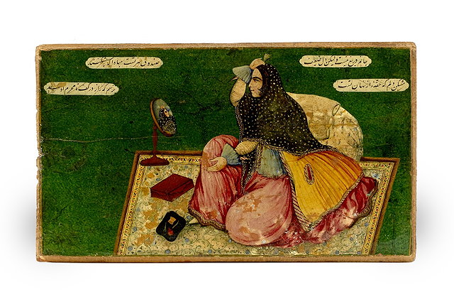 Appraisal: A Qajar painted wood panel th CenturyPersian lady on a