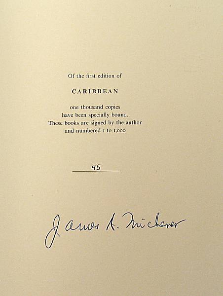 Appraisal: MICHENER JAMES Caribbean NY Slipcase One of signed