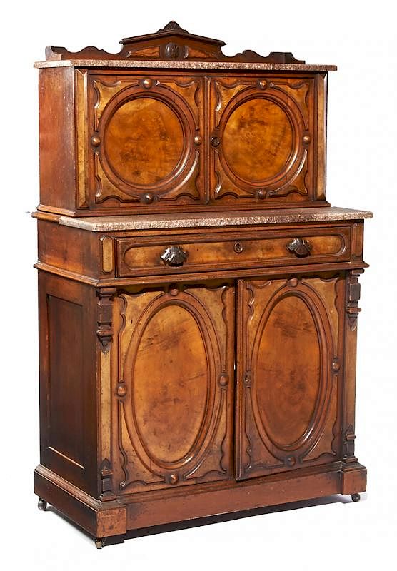 Appraisal: Victorian walnut cabinet with marble top c Victorian walnut cabinet