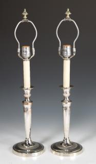 Appraisal: Pair of Silverplated Copper Candlesticks th c with reeded candle