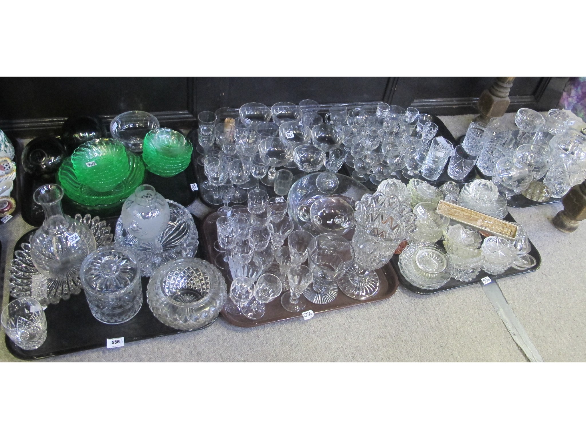 Appraisal: Seven trays of assorted glassware including drinking glasses salts jugs