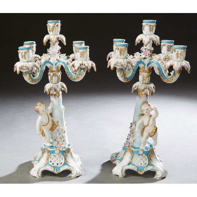 Appraisal: Pair of Meissen Style Five Light Porcelain Candelabra th c