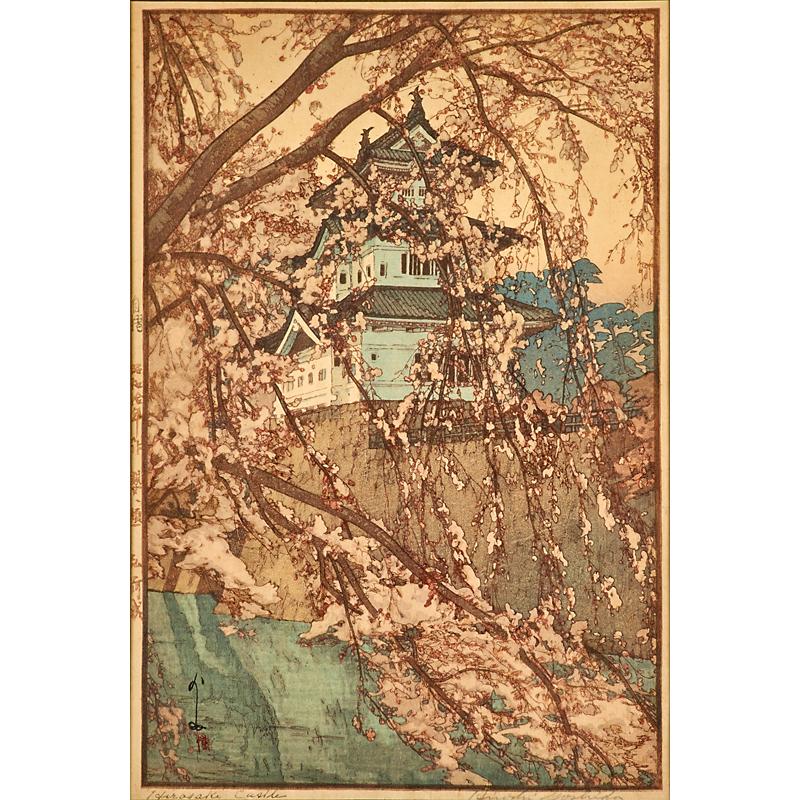 Appraisal: HIROSHI YOSHIDA Japanese - Three woodblock prints Hirasake Castle Shokozan