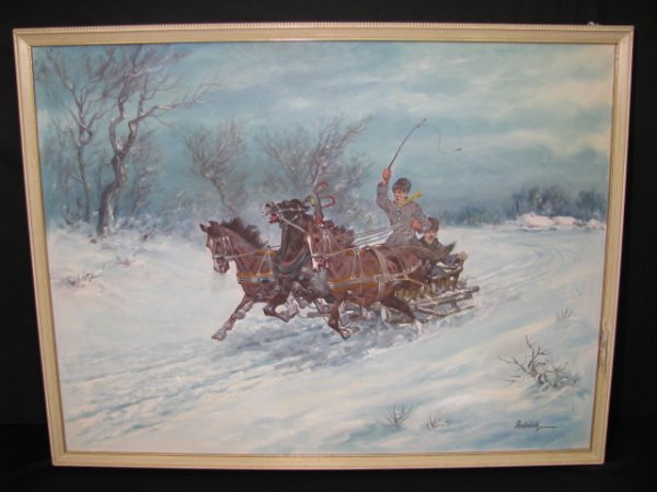 Appraisal: Oil on canvas painting of a Russian Troika sleigh drawn