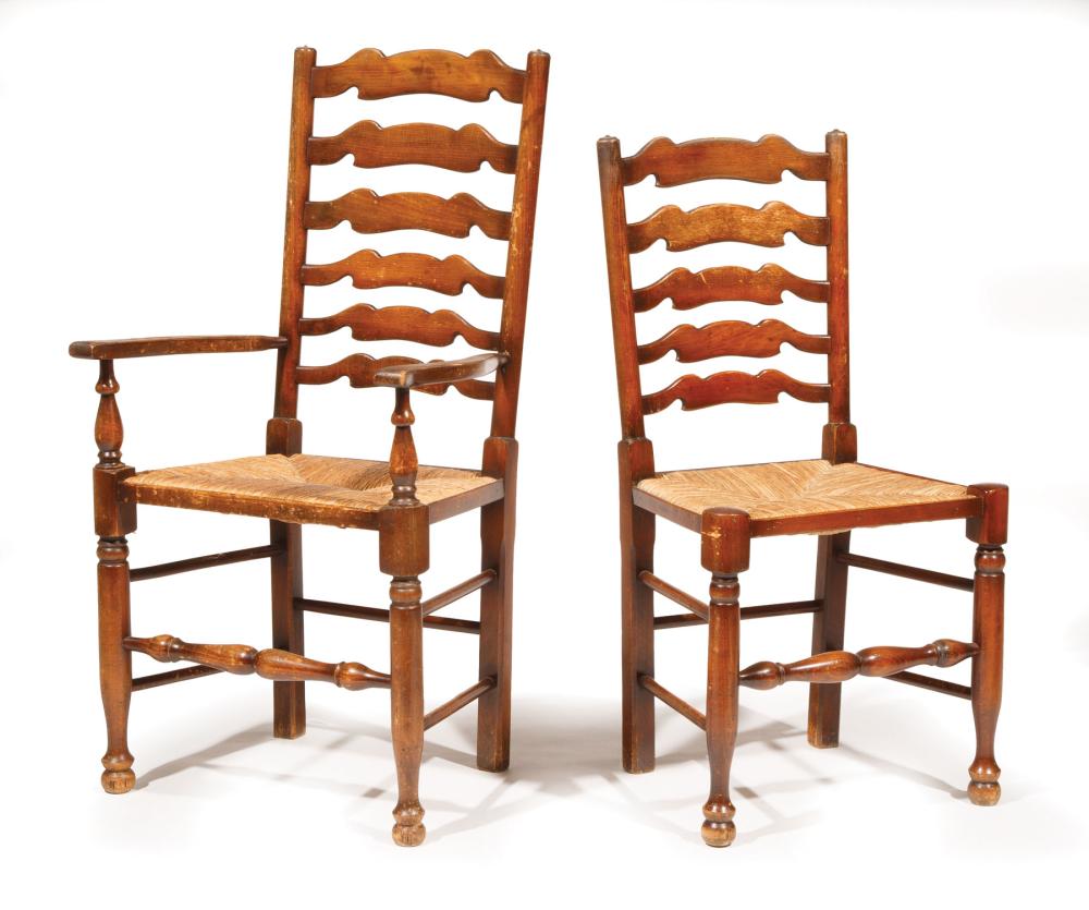 Appraisal: Eight Provincial Fruitwood Ladder-Back Chairs incl arms and sides spurred