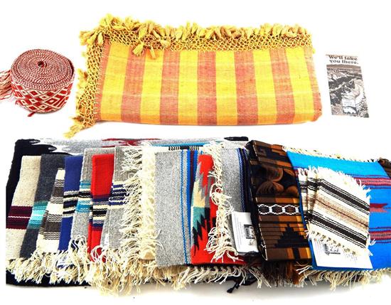 Appraisal: TEXTILES Woven coverlet sash and Navajo rug fragments orange yellow