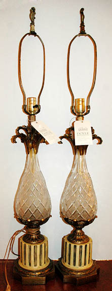 Appraisal: Pair of Neoclassical Style Patinated-Metal and Cut Glass Pineapple Lamps