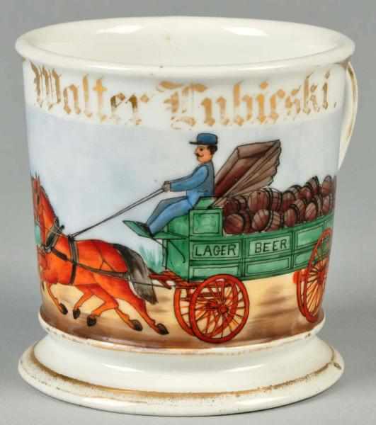 Appraisal: Double Horse-Drawn Wagon Shaving Mug Description Gilt name Walter Lubieski