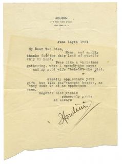 Appraisal: Houdini Harry Typed Letter Signed Houdini to Richard Van Dien