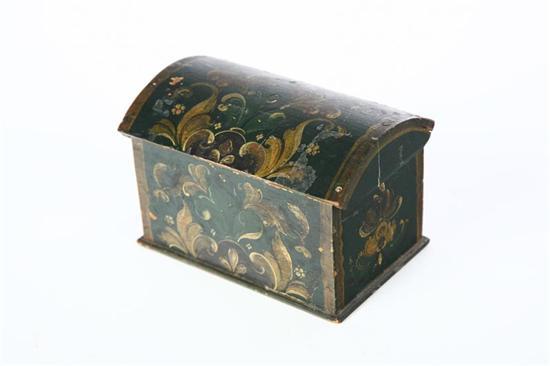 Appraisal: MINIATURE DECORATED BOX European or American th century pine Dometop