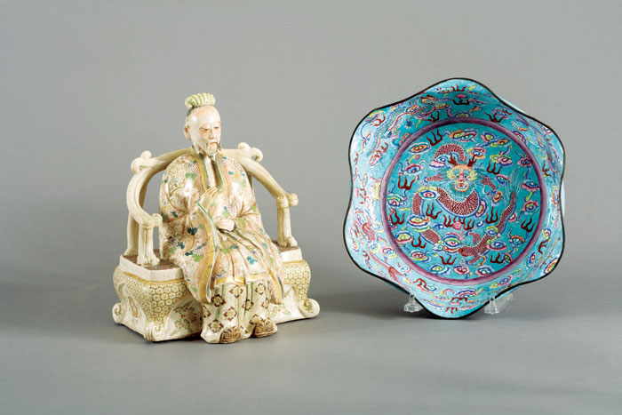 Appraisal: JAPANESE SATSUMA FIGURE OF AN EMPEROR SEATED ON A THRONE