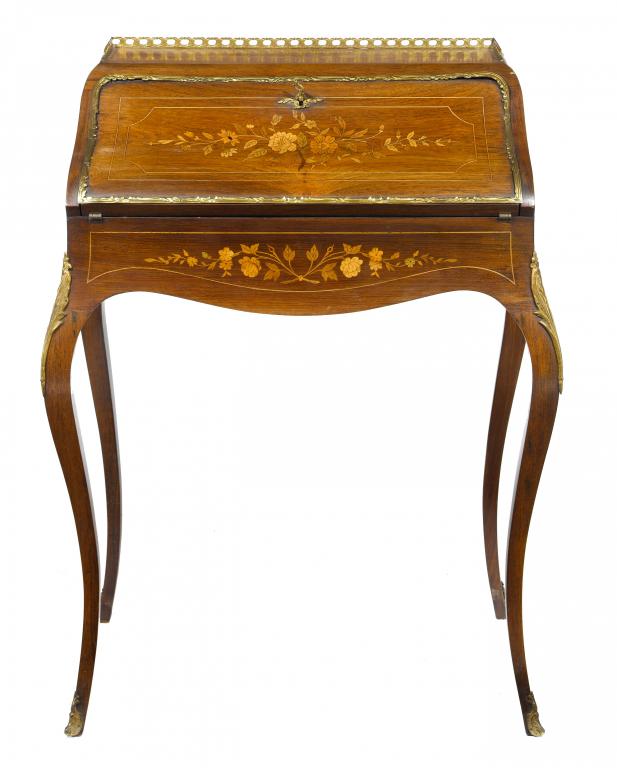 Appraisal: A FRENCH ROSEWOOD MARQUETRY BUREAU DE DAME with three drawers