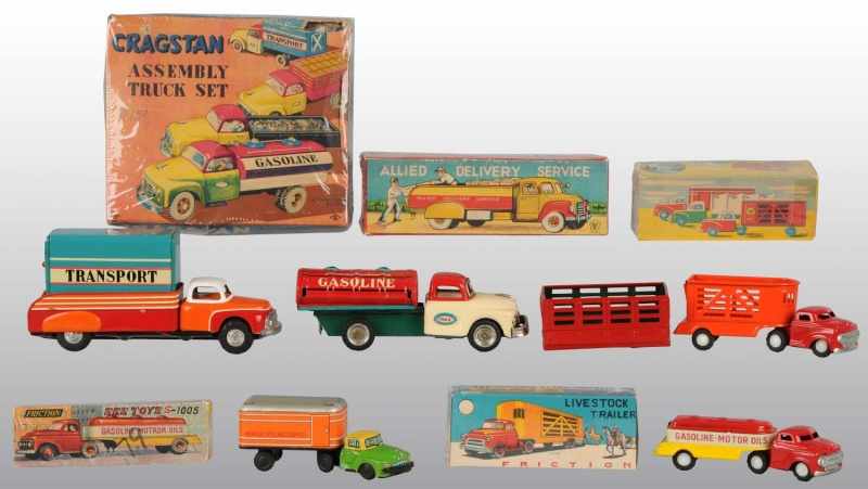 Appraisal: Lot of Tin Litho Truck Friction Toys Description Japanese Working