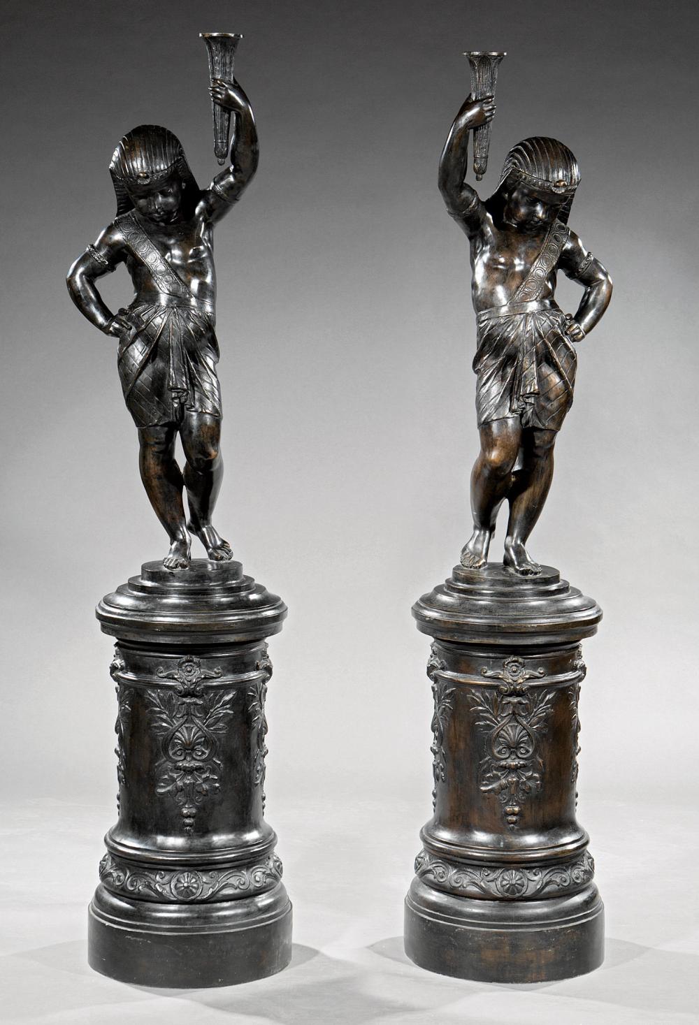 Appraisal: Pair of Large Continental Patinated Bronze Figural Torcheres th c