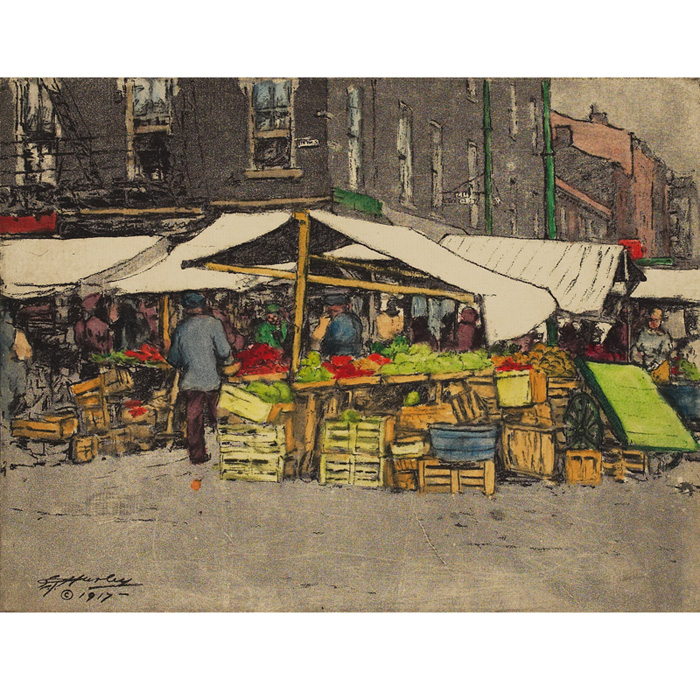 Appraisal: E T Hurley colored etching colorful market scene with green