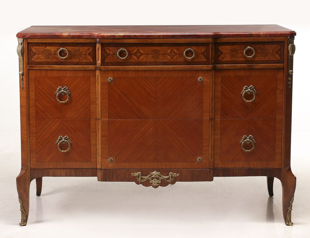 Appraisal: A LOUIS XVI STYLE BRONZE MOUNTED MARQUETRY CHEST The breakfront