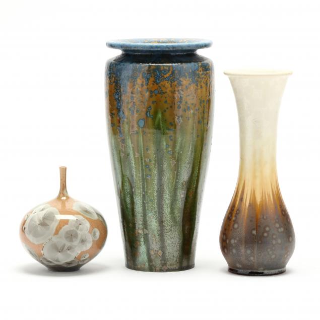 Appraisal: THREE CRYSTALLINE VASES NC POTTERY A tall tapered vase and