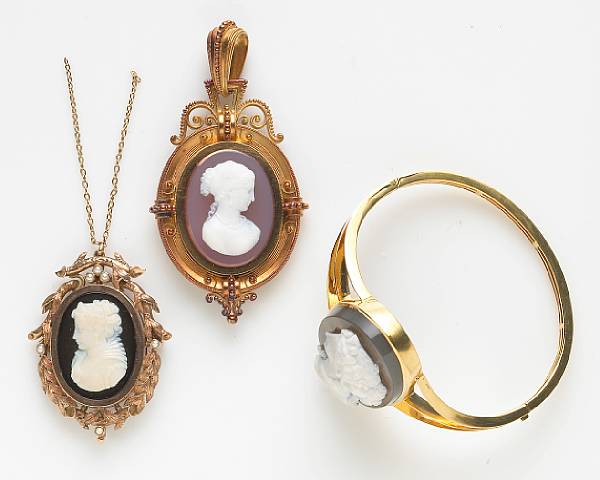 Appraisal: A group of Victorian stone cameo jewelry comprising a bangle