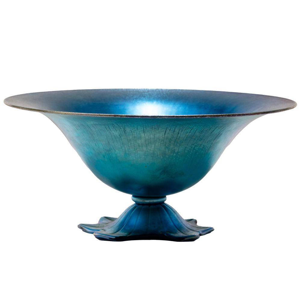 Appraisal: STEUBEN AURENE GLASS FOOTED BOWL blue iridescent onion skin surface