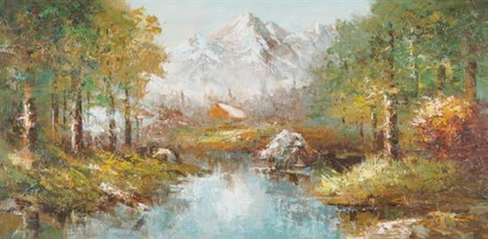 Appraisal: CONTINENTAL SCHOOL th century GRAND MOUNTAIN LANDSCAPE oil on canvas