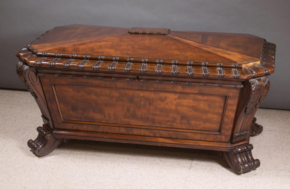 Appraisal: REGENCY MAHOGANY WINE COOLER English early th century sarcophagus form