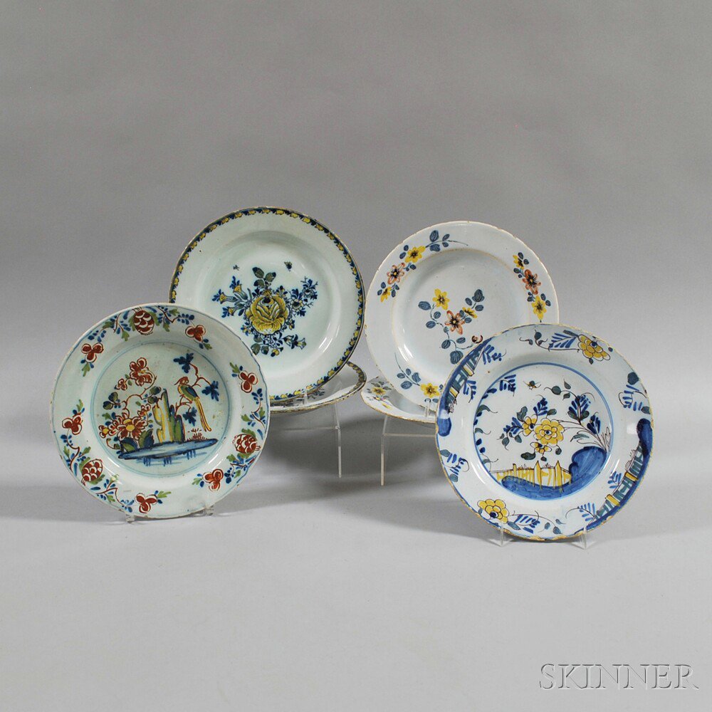 Appraisal: Six Polychrome Floral-decorated Plates th century two Liverpool Fazakerley plates