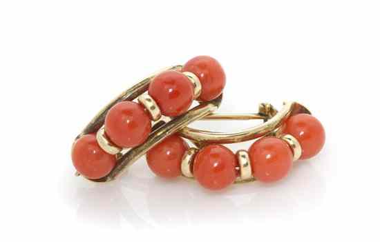 Appraisal: A Pair of Karat Yellow Gold and Coral Earclips containing