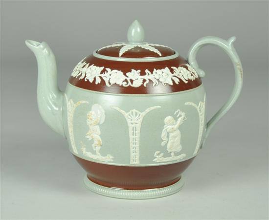 Appraisal: English Copeland Stoneware Teapot th century Bas-relief design in brown