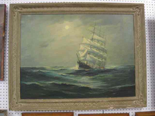 Appraisal: Oil on Canvas of Sailing Ship in Moonlight signed image