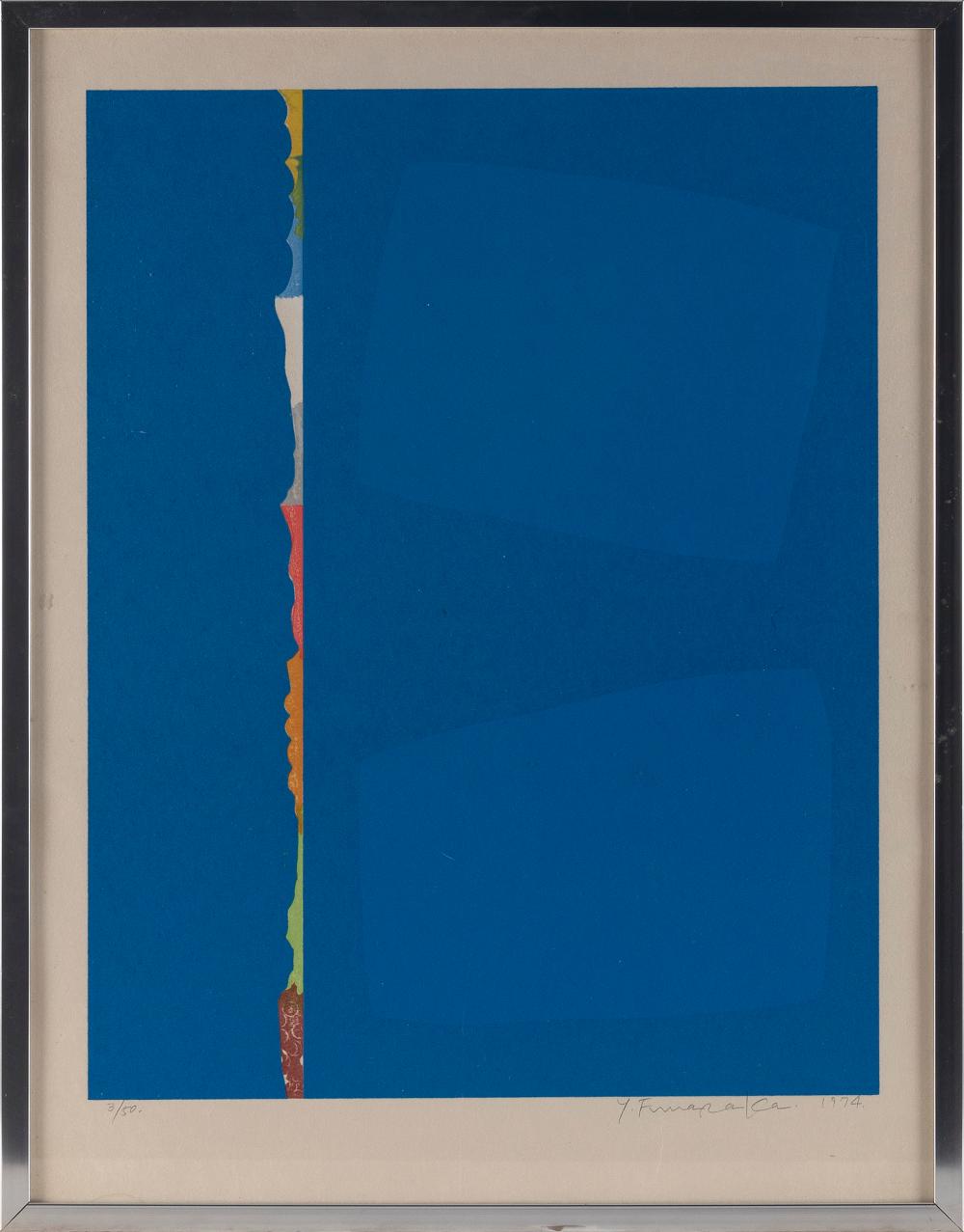 Appraisal: YOSHISUKE FUNASAKA JAPAN B UNTITLED LINEAR ABSTRACT ON BLUE SILKSCREEN