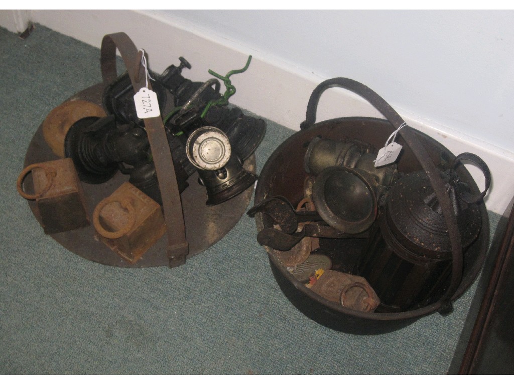 Appraisal: Lot comprising assorted metalware - griddle bicycle lamps weights etc