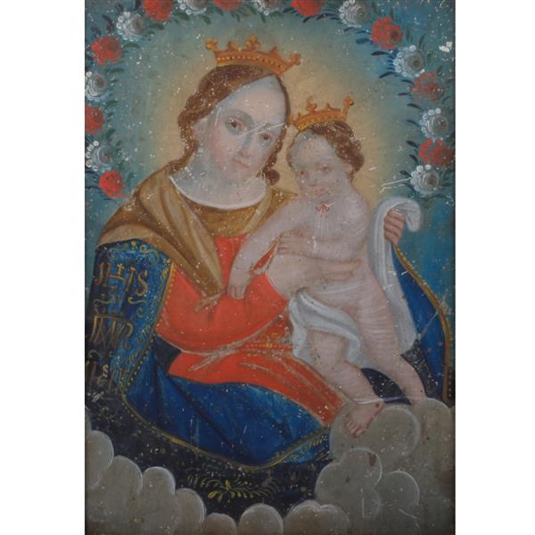 Appraisal: Spanish Colonial Virgin and Child Retablo Icon painting on tin