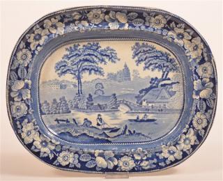 Appraisal: Staffordshire China Blue Transfer China Platter Flats boats in stream