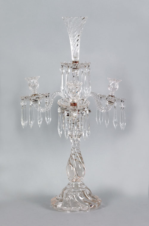 Appraisal: Large colorless glass candelabra th c probably Baccarat with four