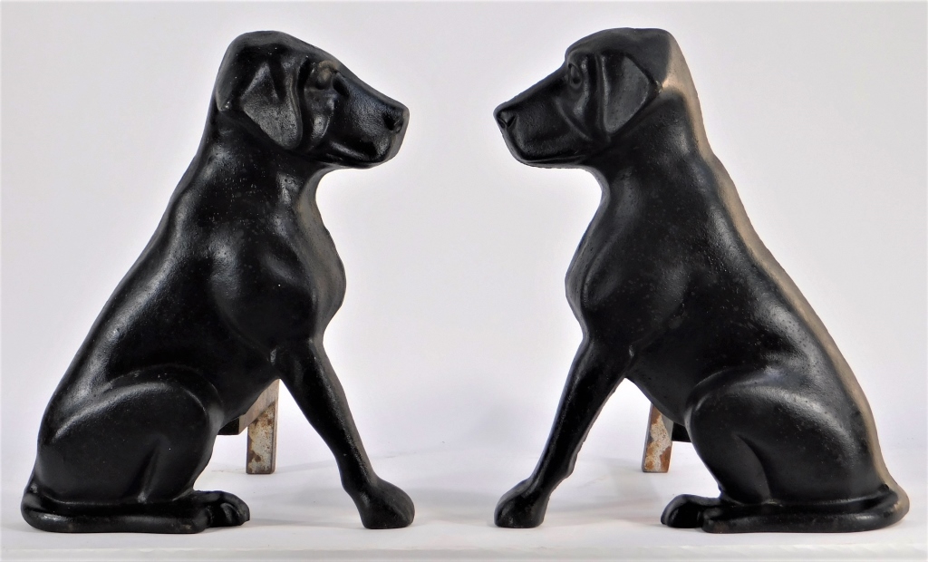 Appraisal: PR LIBERTY FOY BLACK LABRADOR FIRE DOG ANDIRONS Missouri Early