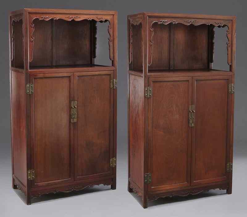 Appraisal: Pr Chinese Huanghuali mixed wood curio cabinets ''H x ''W