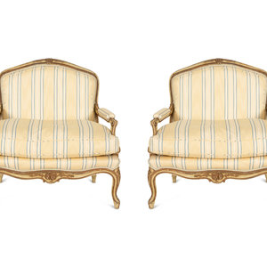 Appraisal: A Pair of Continental Carved and Painted Fauteuils la Reine