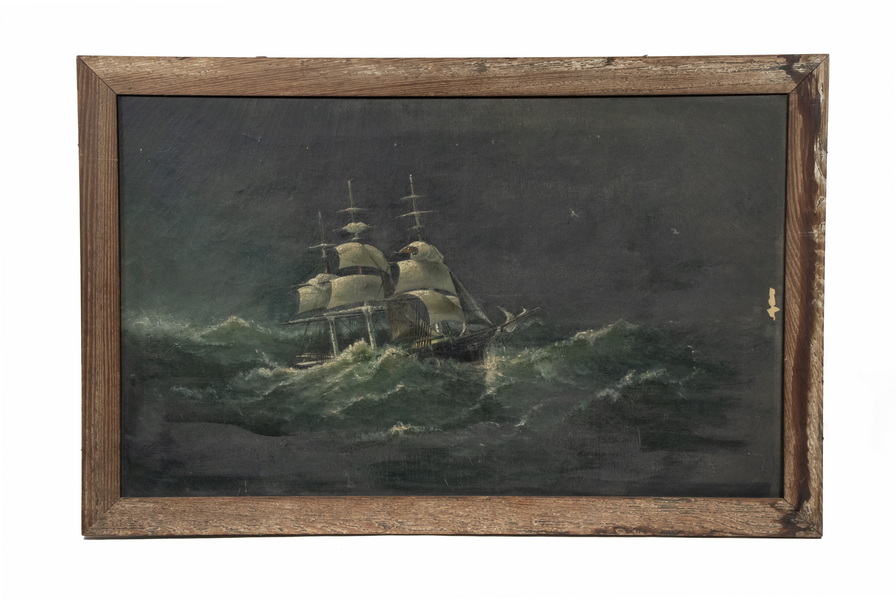 Appraisal: A E DOWN NAIVE PAINTING OF SAILING SHIP IN STORM