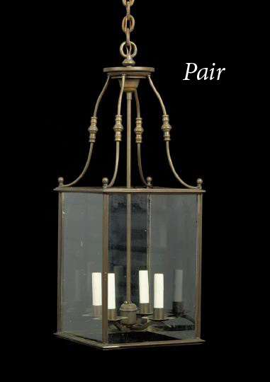 Appraisal: Large Pair of English Bronze-Patinated Brass and Glass Foyer Lanterns