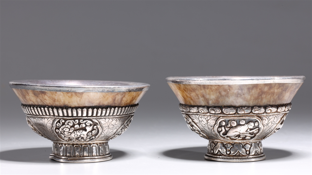 Appraisal: Two small Chinese silver and jade bowls with molded animal