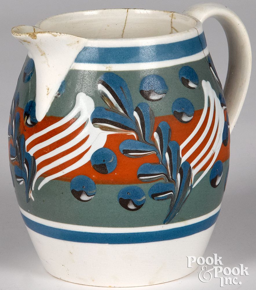 Appraisal: Mocha pitcher with twig and cat's-eye decoration Mocha pitcher with