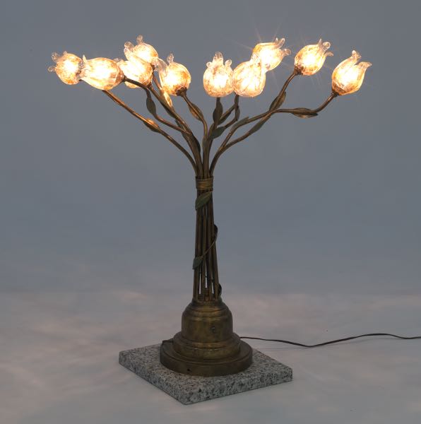 Appraisal: ARTISAN SCULPTURAL PATINATED METAL TEN-LIGHT TREE OF LIFE LAMP WITH