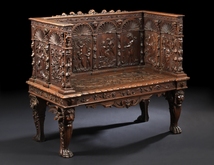 Appraisal: Good Italian Elaborately Carved Walnut Cassapanca second quarter th century