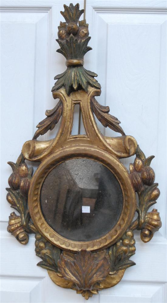 Appraisal: LOUIS XVI STYLE GILT MIRROR Carved wood polychrome basket of